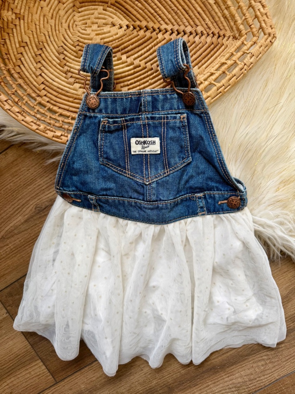 OshKosh B'Gosh Denim Tulle Jumper Overalls Dress Girls Size 3t